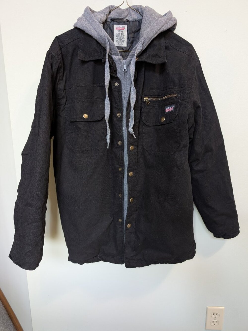 Dickies Hoodie Work Jacket Lg Black/Gray Canvas Duck Coat Quilted Lined Utility